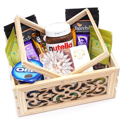 Jaiccha Ghasitaram Diwali Gifts - Diwali Gifts Wooden Laser Handle Basket of 11 Goodies with Kaju Katlis
