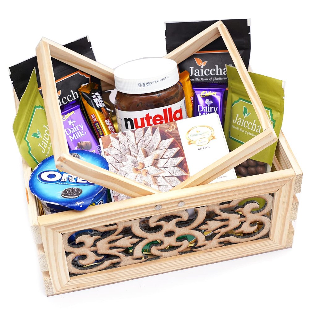 Jaiccha Ghasitaram Diwali Gifts - Diwali Gifts Wooden Laser Handle Basket of 11 Goodies with Kaju Katlis
