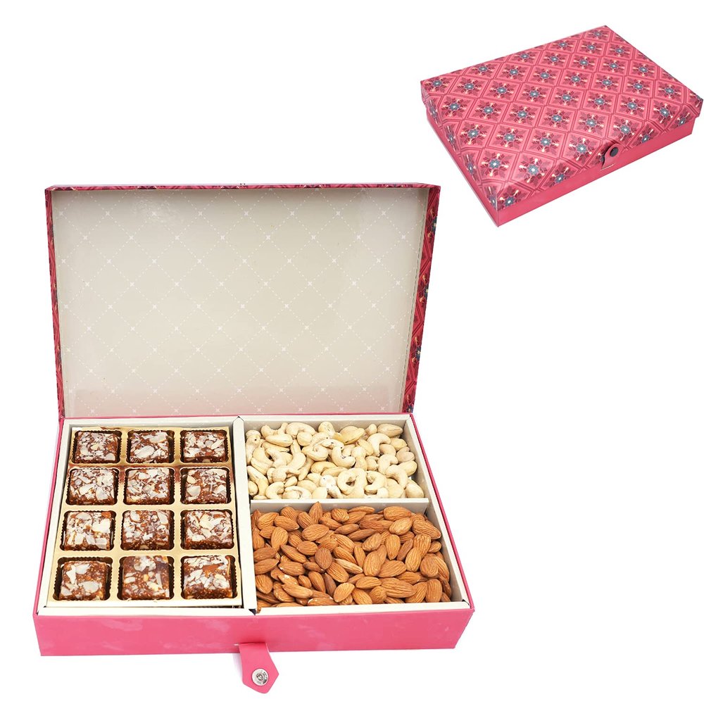 Ghasitaram Gifts Diwali Gifts Red 4 Part of Sugarfree Bites Bits, Almonds and Cashews