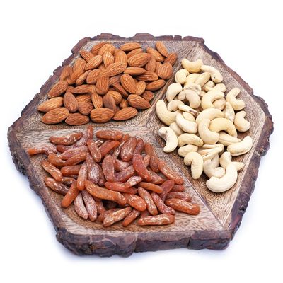 Ghasitaram Gifts Diwali Gifts Hexagon Log Platter with Cashews Almonds and Chilly Raisins