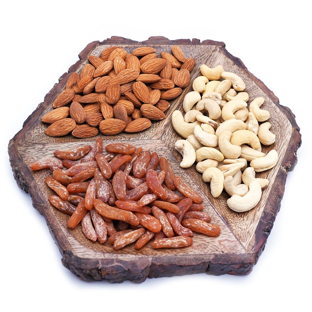 Ghasitaram Gifts Diwali Gifts Hexagon Log Platter with Cashews Almonds and Chilly Raisins