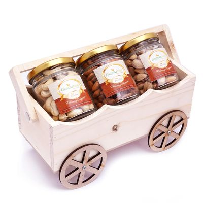 Ghasitaram Gifts Diwali Gifts Natural Wooden Cart with Almonds, Cashews and Pistachios Jars