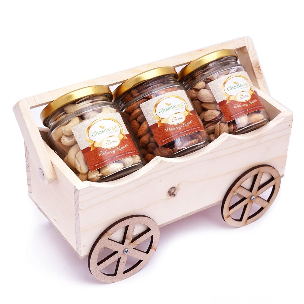 Ghasitaram Gifts Diwali Gifts Natural Wooden Cart with Almonds, Cashews and Pistachios Jars