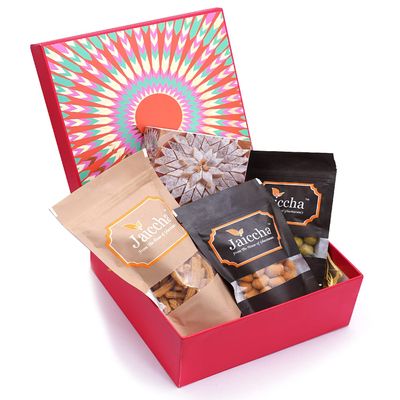 Jaiccha Ghasitaram Diwali Gifts - Diwali Gifts Red Hamper Box of Kaju Katlis, Crunchy Coated Cashews, Crunchy Coated Peanuts, Butter Chakli Sticks