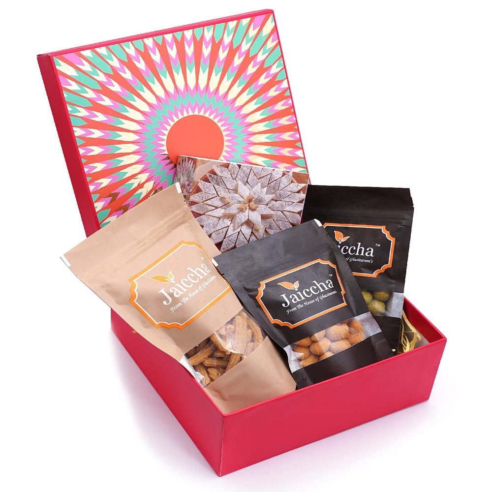 Jaiccha Ghasitaram Diwali Gifts - Diwali Gifts Red Hamper Box of Kaju Katlis, Crunchy Coated Cashews, Crunchy Coated Peanuts, Butter Chakli Sticks