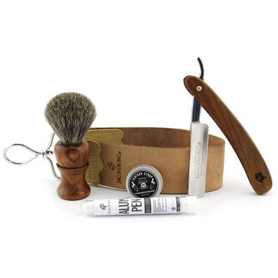 Jag Shaving Shaving Kit - 5Pc Shaving Set - Sustainable - Straight Razor Set - Wooden Badger Shaving Brush - Straight Razor - Leather Strop - Honing Compound - Alum Stick - Genuine Honing Strop