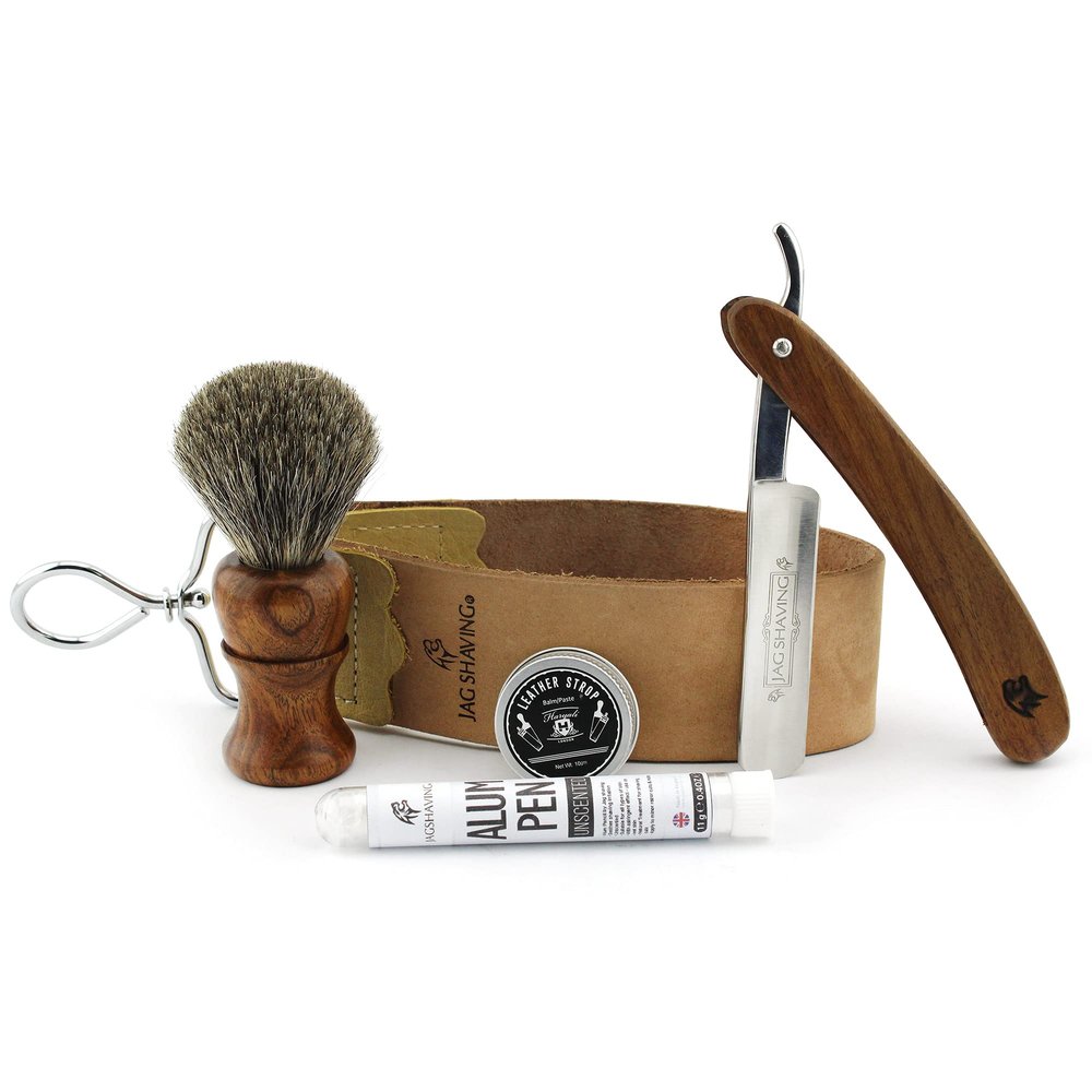 Jag Shaving Shaving Kit - 5Pc Shaving Set - Sustainable - Straight Razor Set - Wooden Badger Shaving Brush - Straight Razor - Leather Strop - Honing Compound - Alum Stick - Genuine Honing Strop