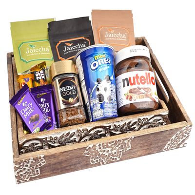 Jaiccha Ghasitaram Diwali Gifts Set of 2 Wooden Serving Trays of 10 Goodies
