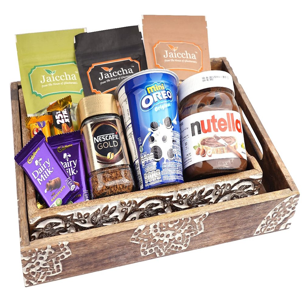 Jaiccha Ghasitaram Diwali Gifts Set of 2 Wooden Serving Trays of 10 Goodies