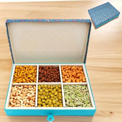 Ghasitaram Gifts Diwali Gifts Blue 6 Part Flavoured Nuts Box 900 GMS