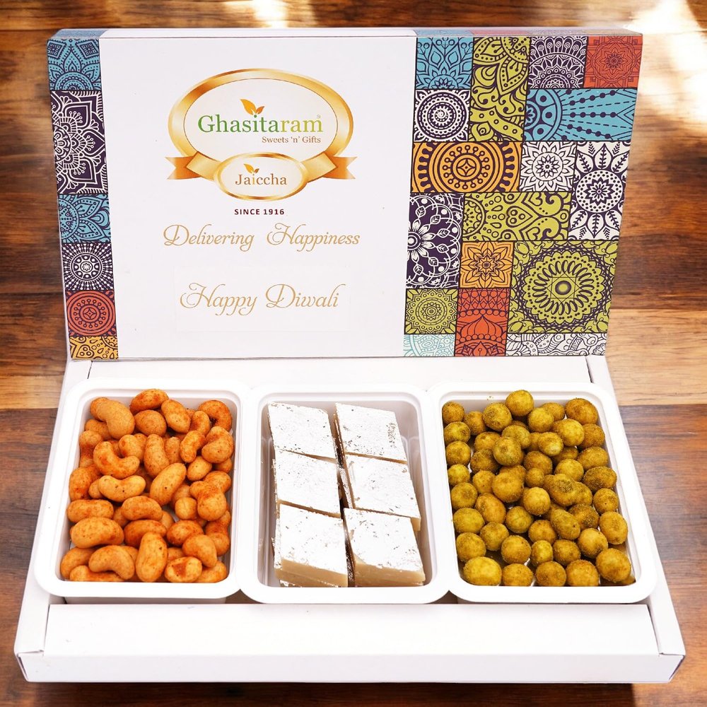 Ghasitaram Gifts Diwali Gifts Assorted Festive Box of Kaju Katli, Crunchy Cashews, Crunchy Peanuts