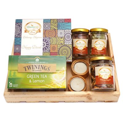 Jaiccha Ghasitaram Diwali Gifts - Diwali Gifts Light Wooden Basket of 7 Goodies