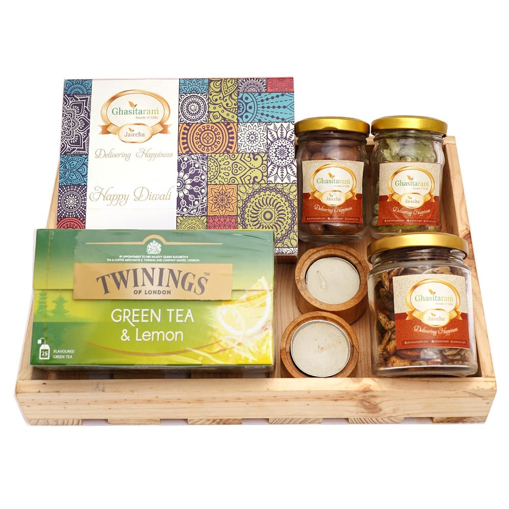 Jaiccha Ghasitaram Diwali Gifts - Diwali Gifts Light Wooden Basket of 7 Goodies