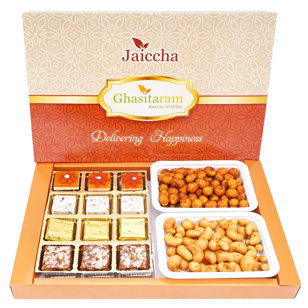 Ghasitaram Gifts Diwali Gifts Big Box of Assorted Bites, Crunchy Cashews and Crunchy Peanuts