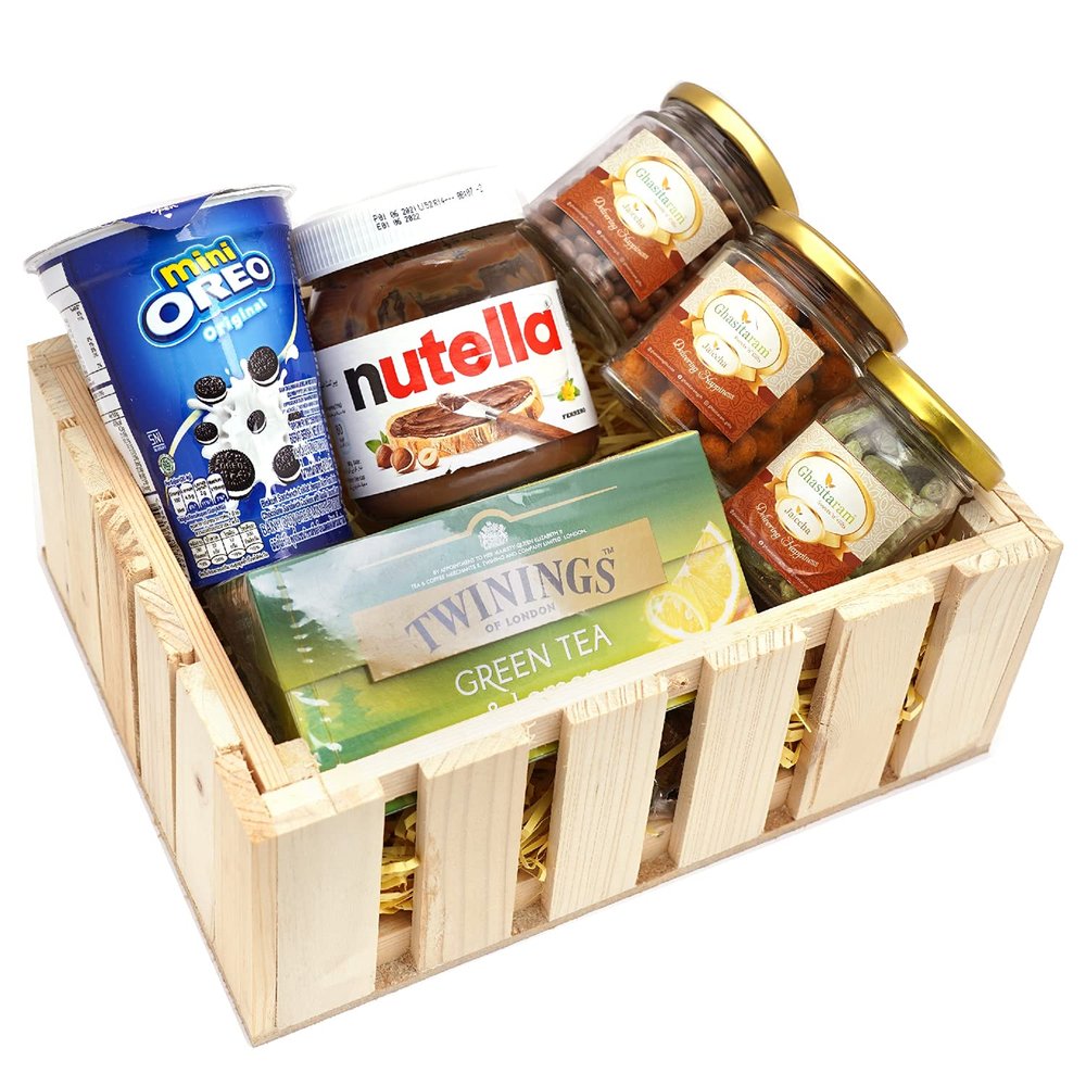 Jaiccha Ghasitaram Diwali Gifts Natural Wood Striped Basket of 6 Goodies