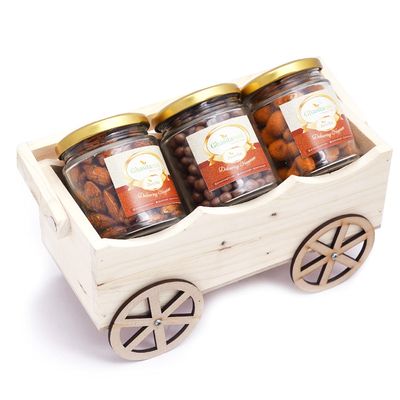 Ghasitaram Gifts Diwali Gifts Natural Wooden Cart with Chocolate Coated Butterscotch, Crunchy Coated Cashews and Peri Peri Almonds Jars