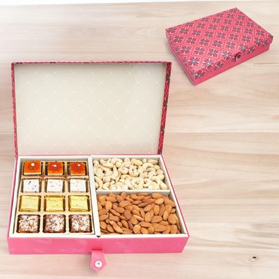 Ghasitaram Gifts Diwali Gifts Red 4 Part of Assorted Bits, Almonds and Cashews