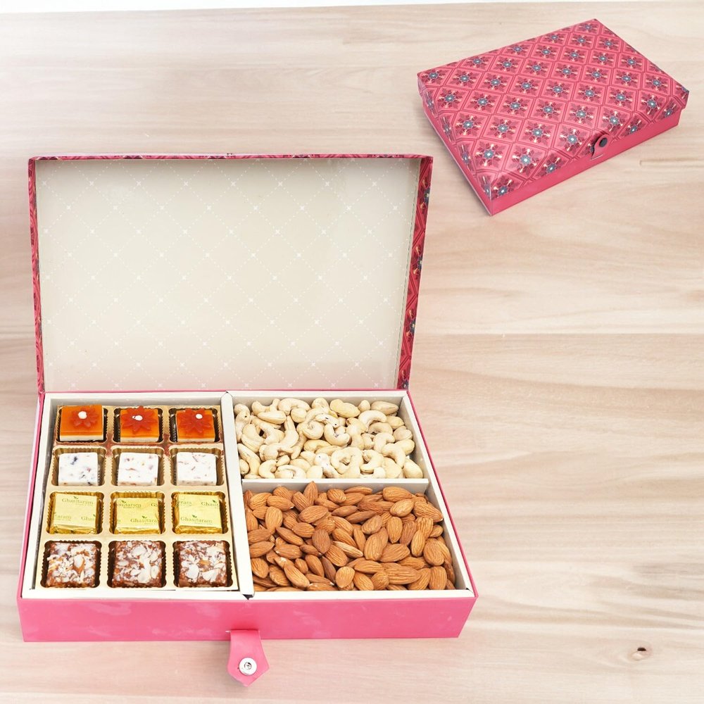 Ghasitaram Gifts Diwali Gifts Red 4 Part of Assorted Bits, Almonds and Cashews