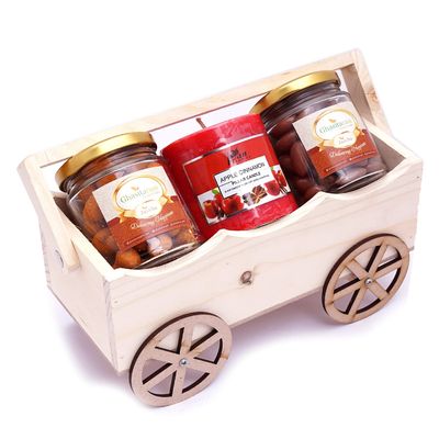 Ghasitaram Gifts Diwali Gifts Natural Wooden Cart with Crunchy Cashews, Scented Candle and Chocolate Coated Almonds