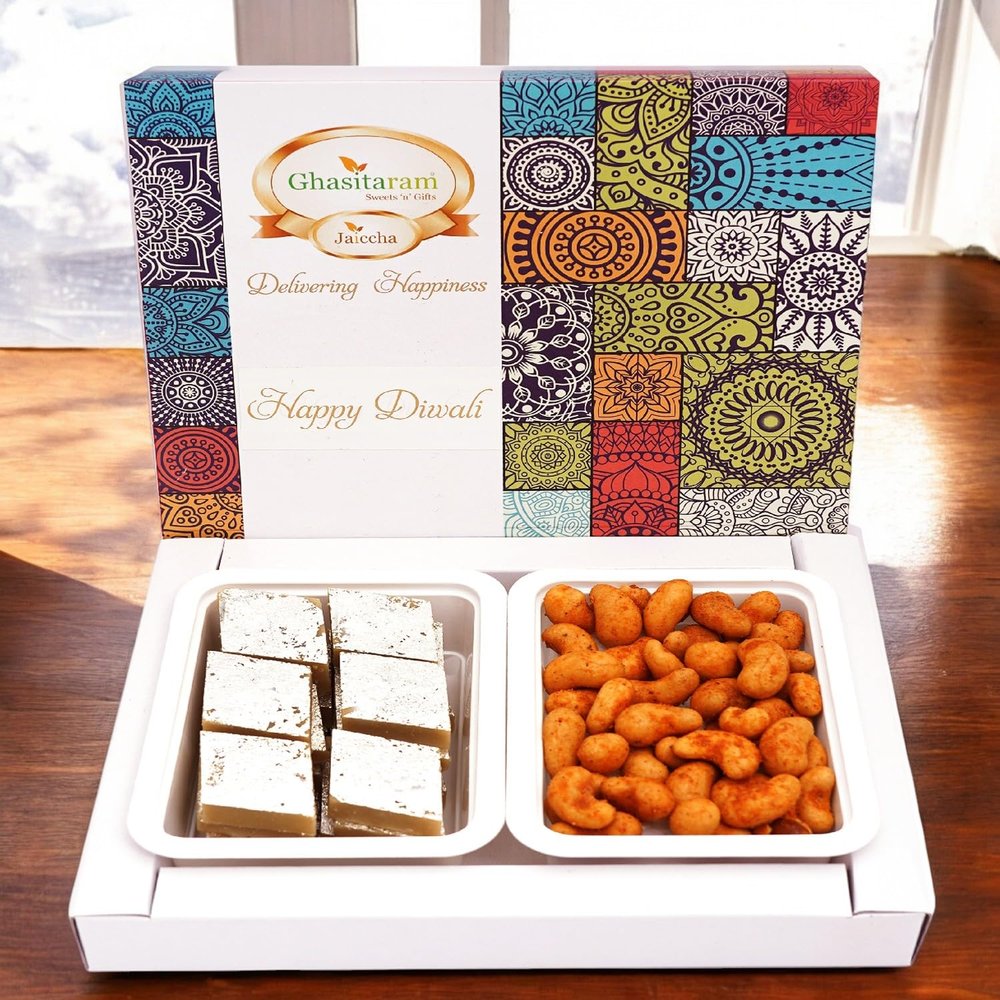 Ghasitaram Gifts Diwali Gifts Festive Box of Kaju Katli and Crunchy Cashews
