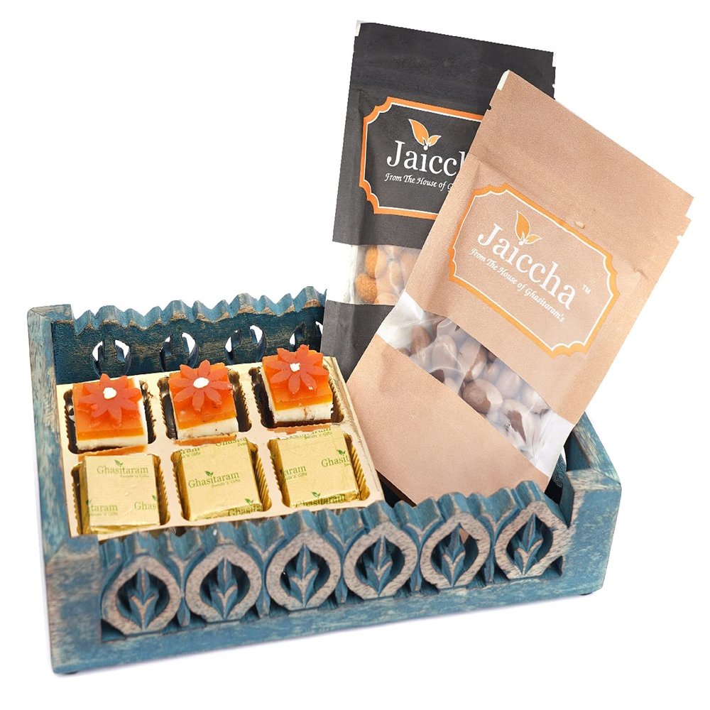 Ghasitaram Gifts Diwali Gifts Blue Wooden Serving Tray with 6 Assorted Bites, Chcolate Coated Almonds and Crunchy Coated Cashews