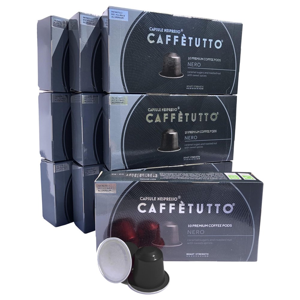 Cafftutto 100 NERO Italian Nespresso Compatible Coffee Pods - Roasted in Italy, Neopolitan Style, Dark, Intense & Strong - (100 Caffetutto Gourmet Aluminium Nespresso Coffee Capsules)