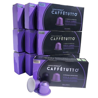 Cafftutto 100 VIOLA LUNGO Italian Nespresso Compatible Coffee Pods - Roasted in Italy, Dark Chocolate & Brown Sugar (100 Caffetutto Gourmet Aluminium Nespresso Coffee Capsules)