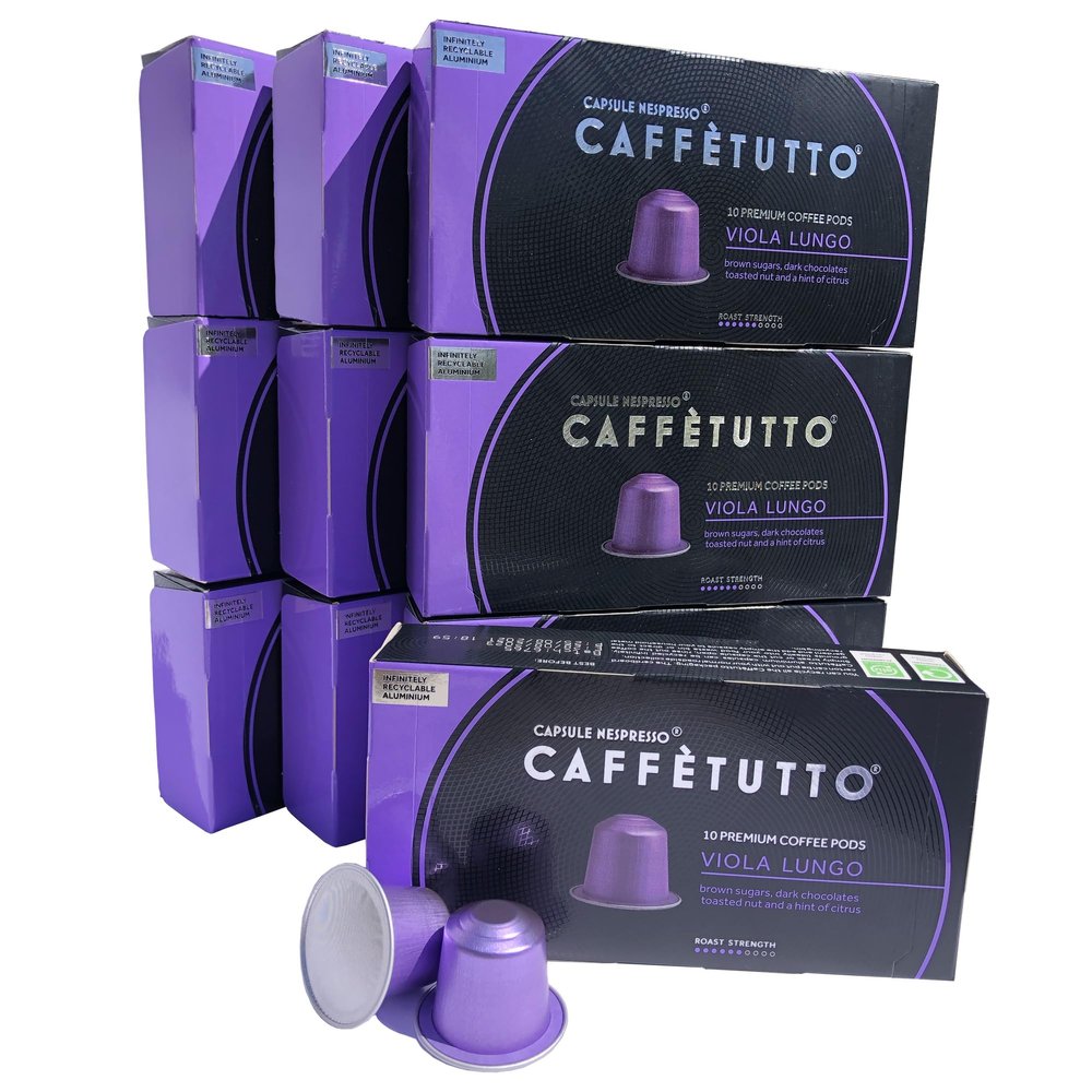 Cafftutto 100 VIOLA LUNGO Italian Nespresso Compatible Coffee Pods - Roasted in Italy, Dark Chocolate & Brown Sugar (100 Caffetutto Gourmet Aluminium Nespresso Coffee Capsules)