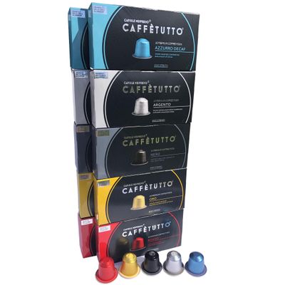 Cafftutto VARIETY PACK 2-100 Italian Nespresso Compatible Coffee Pods - Mixed Selection - 20 Rosso 20 Oro 20 Nero 20 Argento & 20 Azzurro Decaf (100 Caffetutto Aluminium Nespresso Coffee Capsules)
