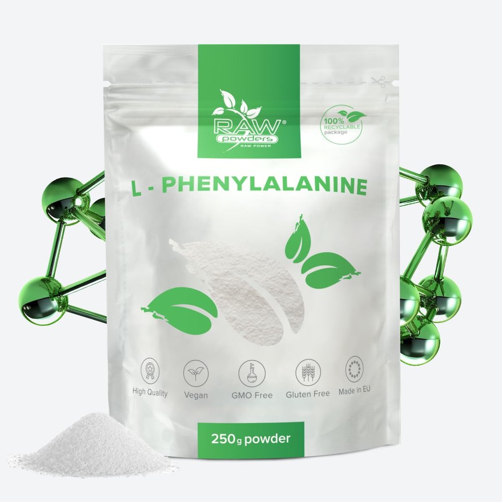 L-Phenylalanine Powder Supplement  250 Grams of 100% Pure LPA Powder  L Phenylalanine for Healthy Brain Function, Nervous System, Energy Supply Support by Raw Powders