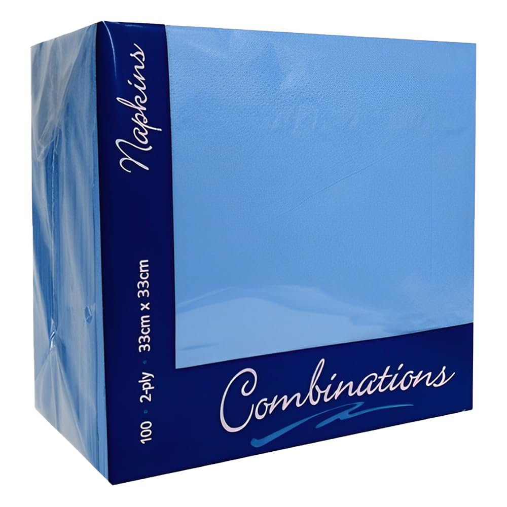 Venuscello 200 x Serviettes Tissue Paper Napkins Sky Blue 2-Ply 33cm for Catering Wedding Birthday Parties - 100 in Each Pack