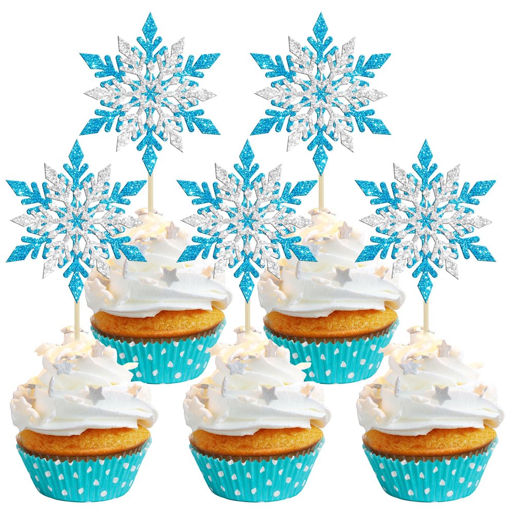 Gyufise 24 Pack Snowflake Cupcake Toppers Double Layers Silver and Blue Winter Frozen Theme Cupcake Picks Baby Shower Kids Birthday Party Christmas Cake Decorations Supplies