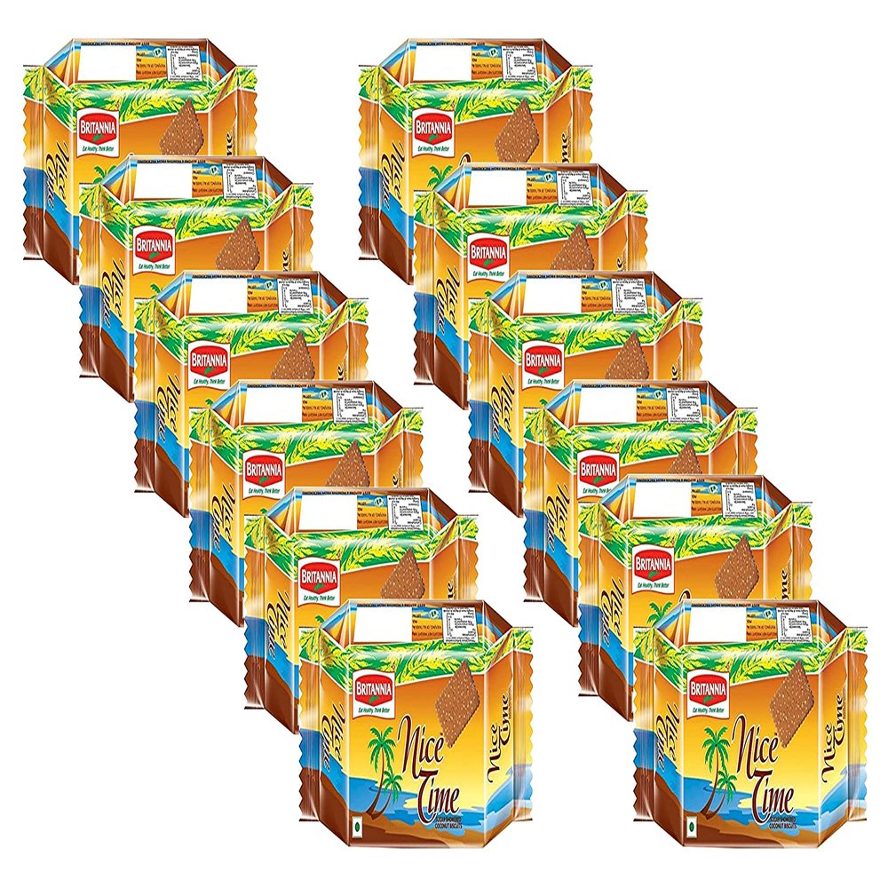 Britannia Nice Time 80g (Pack of 12)  Sprinkled with Sugar crystals Coconut flavoured Biscuits - Tea Time Biscuit - Best For Enjoyed With Friends - Cracker Cookies Snacks for Kids