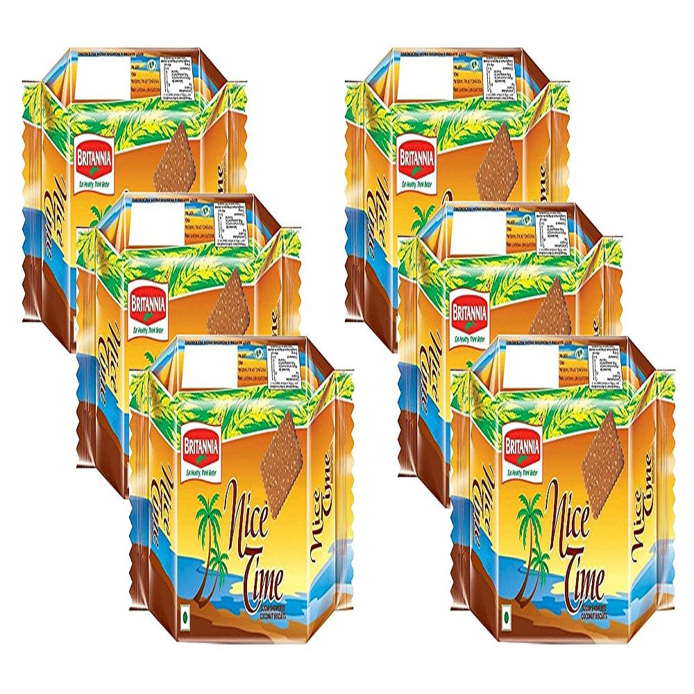 Britannia Nice Time 80g (Pack of 6)  Sprinkled with Sugar crystals Coconut flavoured Biscuits - Tea Time Biscuit - Best For Enjoyed With Friends - Cracker Cookies Snacks for Kids