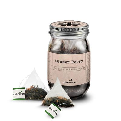 Charbrew Summer Berry Tea - 16 Fine Mesh Pyramid Teabags with String & Tag in Reusable Glass Mason Jar | Premium Black Tea Blend with Elderberries, Blackcurrants, Strawberry & Amaranth Petals