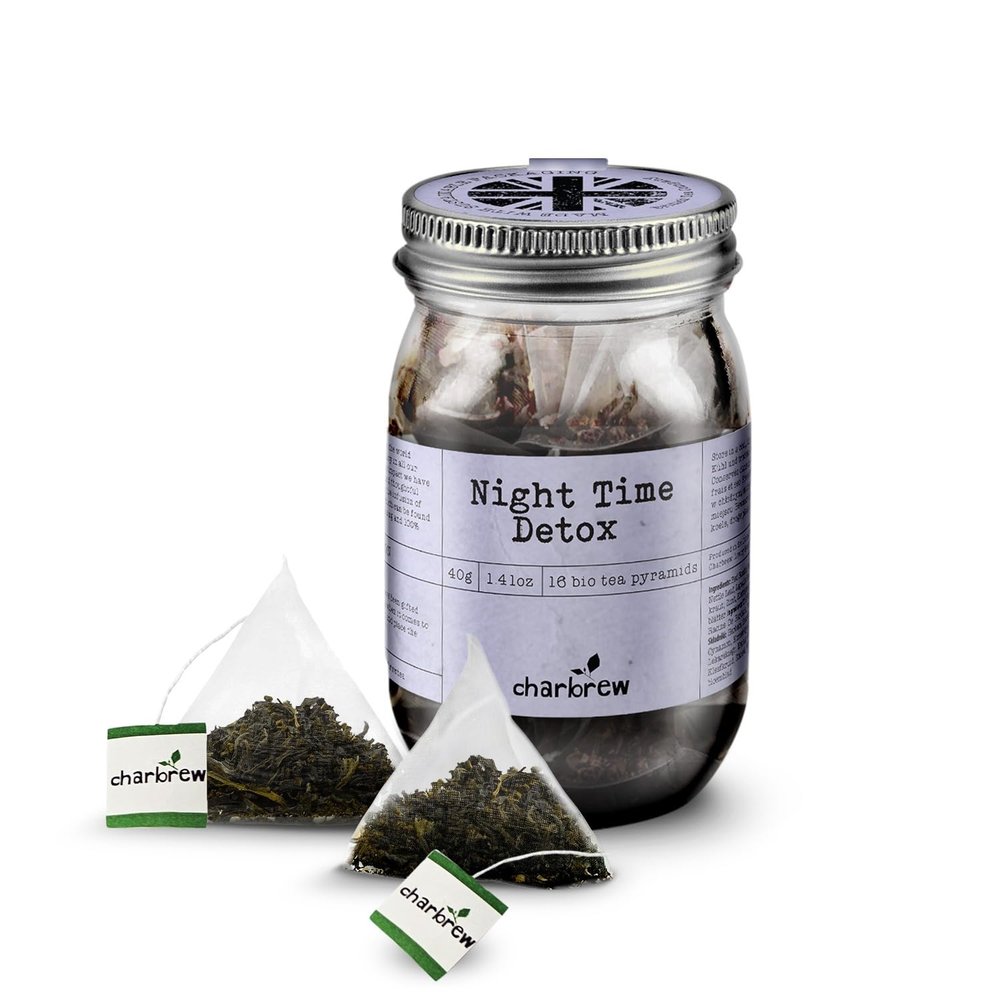 Charbrew Night Time Tea - 16 Fine Mesh Pyramid Teabags with String & Tag in Reusable Glass Mason Jar | Premium Herbal Tea Blend with Red Rooibos, Star Anise, Chamomile & Cinnamon