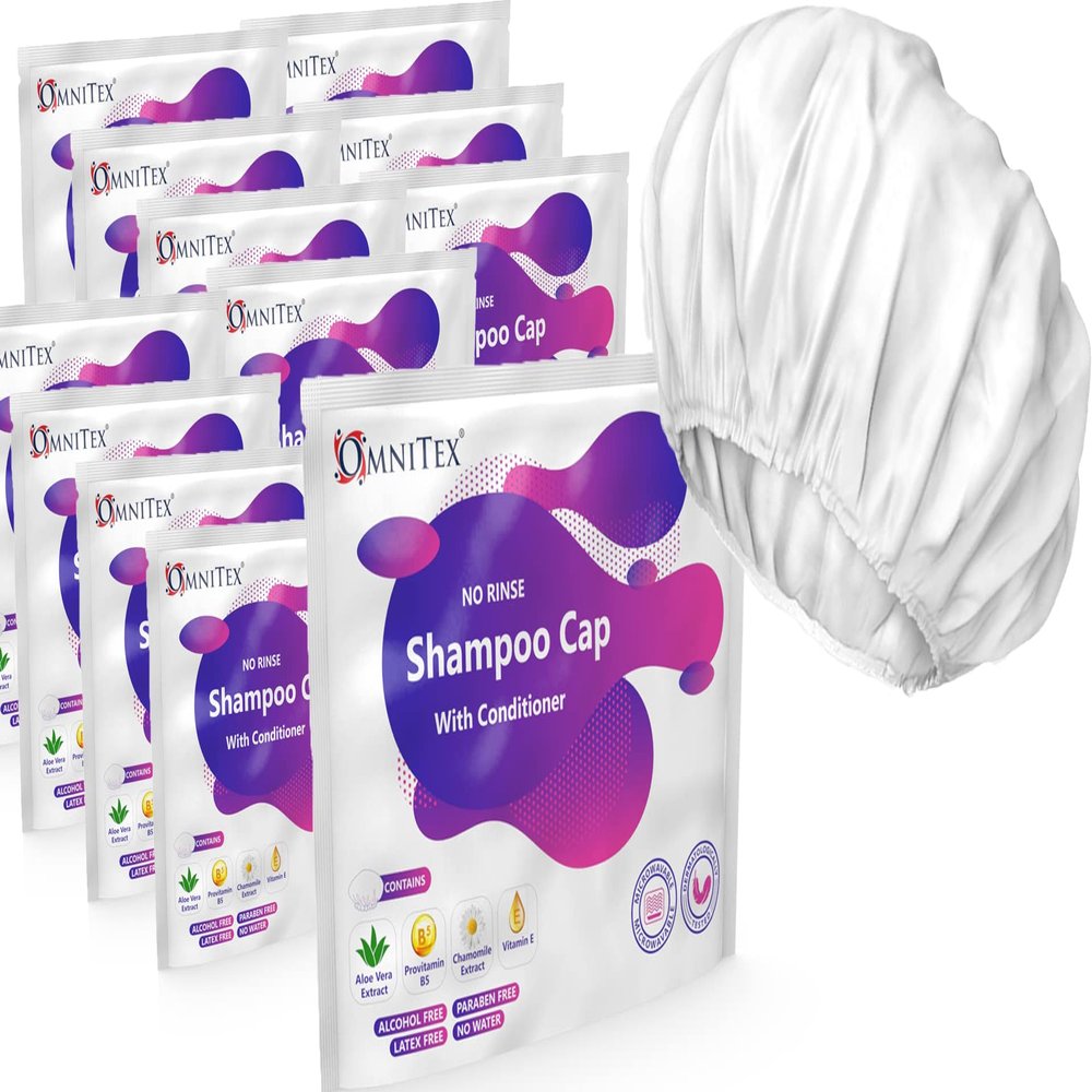Omnitex Premium Rinse Free Shampoo Cap - Microwaveable | With Conditioner & Vitamins | Nourish & Protect with Herbal Extracts & Barrier Cream | No Water, No Parabens, Latex Free, Alcohol Free (24pk)