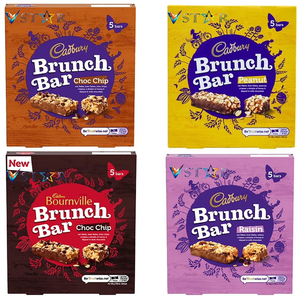 4 x Mixed Brunch Bar Raisin ,Chocolate Chip, Peanut, Bournville 5 Bars Pack 160g