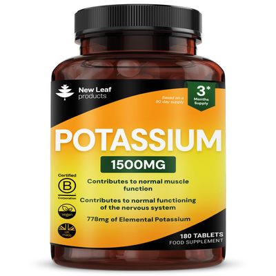 Potassium Supplements 1500mg High Strength - 180 Vegan Potassium Mineral Electrolytes Supplement - Contributes to Normal Muscle Function, Nervous System - Non-GMO, Made in UK by New Leaf