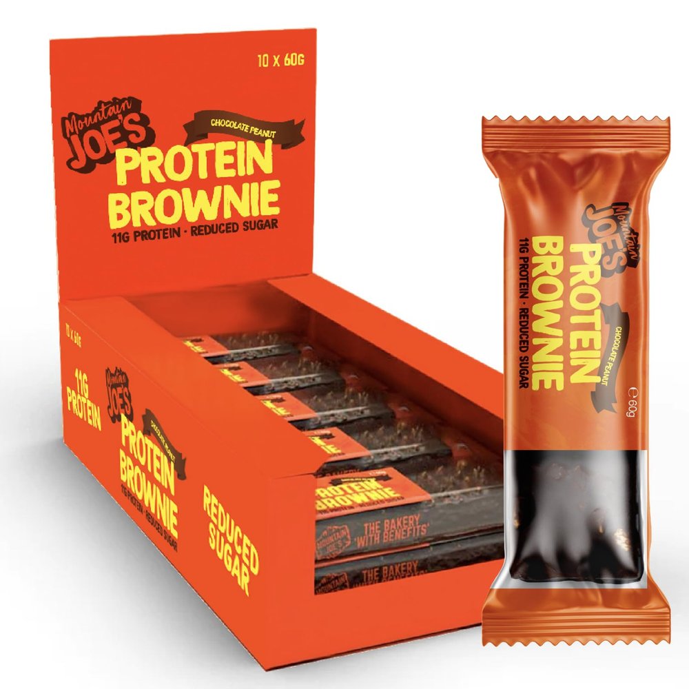 Mountain Joes On-the-Go Soft-Baked Protein Brownie | High Protein with Fibre, Reduced Sugar Bar with 11g Protein | Nutritional & Healthy Gym Snack Bar | Box of 10 x 60g (Box, Chocolate Peanut)