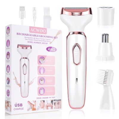 ACWOO Electric Lady Shaver for Women, Bikini Trimmer Women 4-in-1 Wet and Dry, Rechargeable Nose Hair Trimmer, Advanced Pain-Free Electric Razor for Face Legs Underarm Nose and Eyebrow