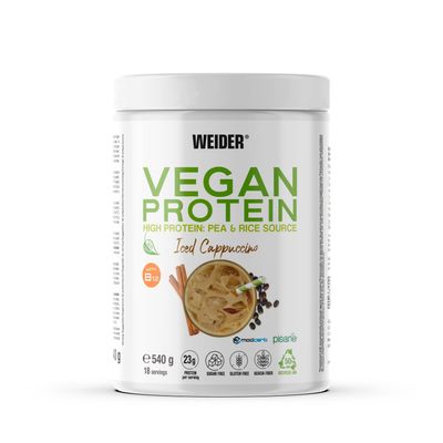 Weider Vegan Protein (540g) Iced Cappuccino Flavour. 23g Protein/dose, Pea Isolate (Pisane) & Rice Protein. with Vitamin B12 & Stevia. Gluten Free, Sugar Free. Packaging 50% Recycled 100% Recyclable