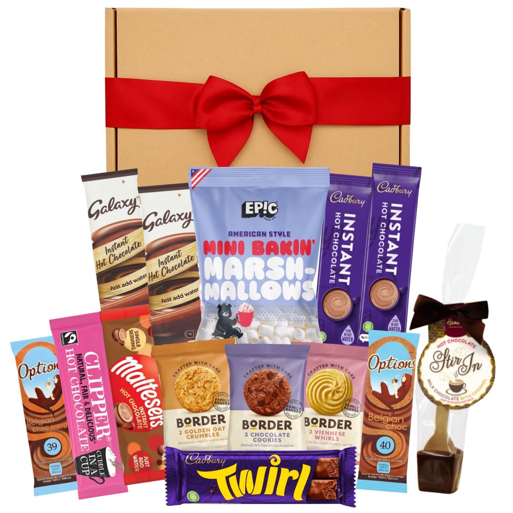 Hot Chocolate Gift Set Bundle With x8 Hot Chocolate Sachets, Mini Marshmallows, Hot Chocolate Stirrer, Border Biscuits and Cadbury Twirl Chocolate Bar