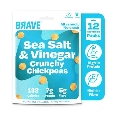 BRAVE Roasted Chickpeas: Healthy Snack, High Protein, Low Calorie - Salt & Vinegar (12 x 35g Packs)