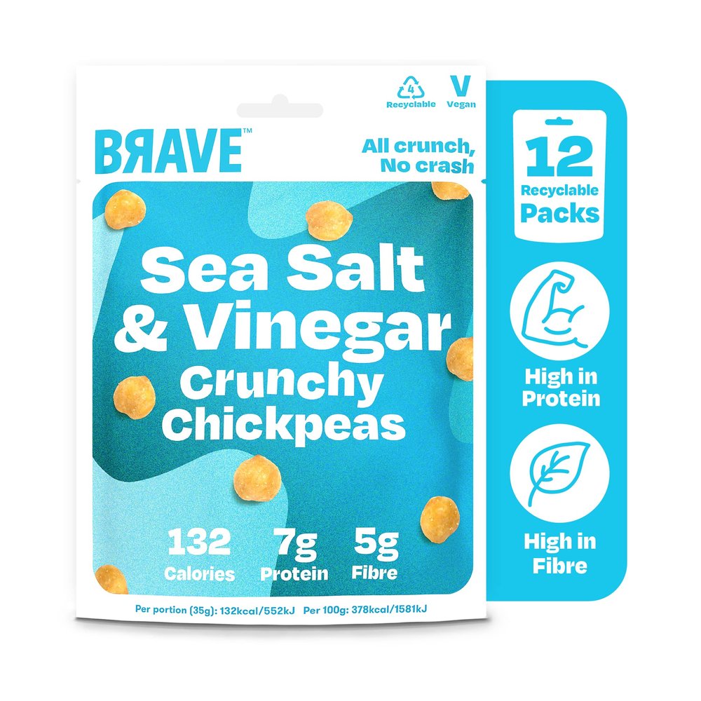 BRAVE Roasted Chickpeas: Healthy Snack, High Protein, Low Calorie - Salt & Vinegar (12 x 35g Packs)