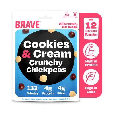 BRAVE Roasted Chickpeas: Cookies & Cream - Healthy Snack, Low Calorie (12 x 30g Packs)