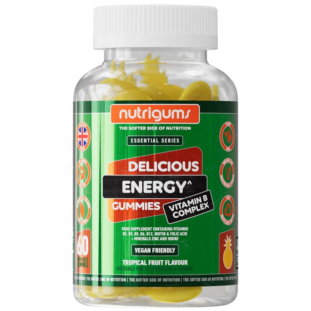 Energy Vitamin B Complex Gummy | Vitamins B2, B3, B5, B6, B12 & Folic Acid with Zinc and Iodine | Tropical Fruit Flavour | 60 Vegan Gummies | Energy Support & Psychological Function by NUTRIGUMS
