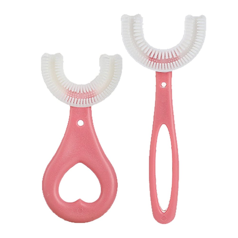 2 Pcs 360 Kids U-Shaped Toothbrush All Rounded Kids U Shape Toothbrush with Silicone Brush Head for Kids Oral Cleaning Tools (Pink)