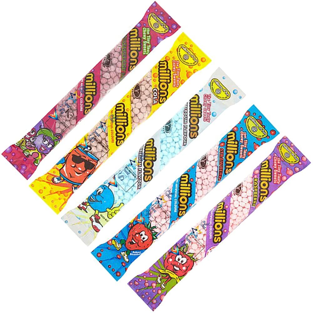 5 x Mixed Millions Tubes Blackcurrant,Bubblegum,Colla,Raspberry,Strawberry Flavour 60g