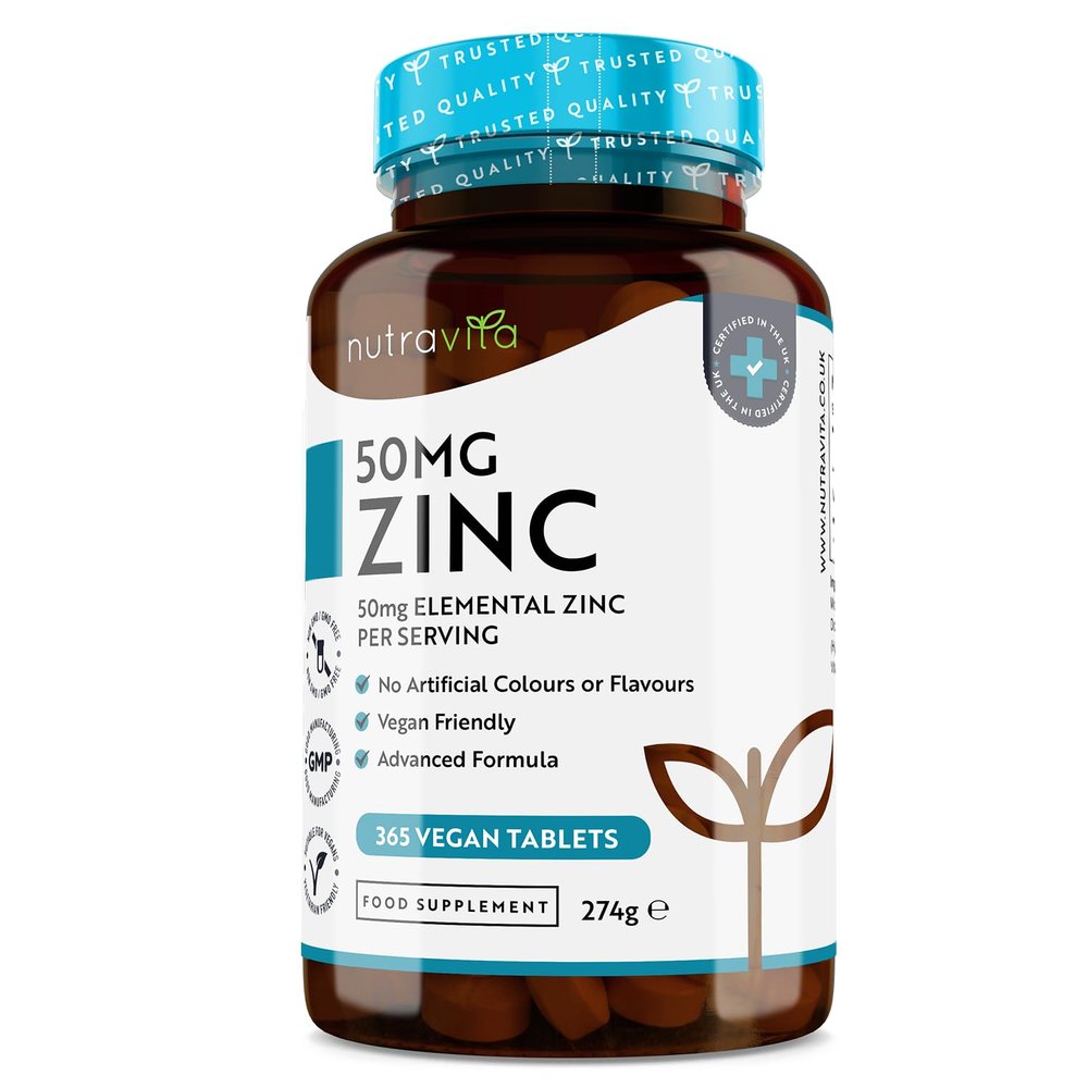 Nutravita Zinc Tablets 50mg  365 Vegan Tablets for 6 Months Supply  Zinc Supplement High Strength for Maintenance of Normal Immune System, Bones, Hair, Skin & Nails  Made in The UK